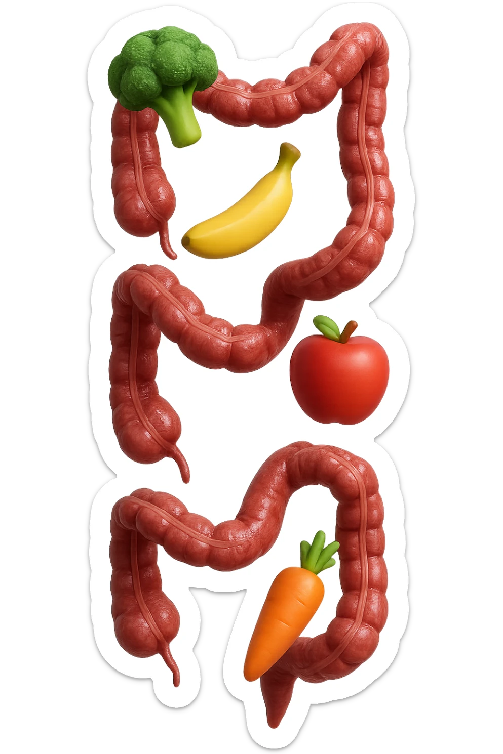 emoji stile iphone in 3d di cibo sano che fluttua in aria vericalmente insieme a pezzi di colon umano anatomico, iperrealistico 4k sticker