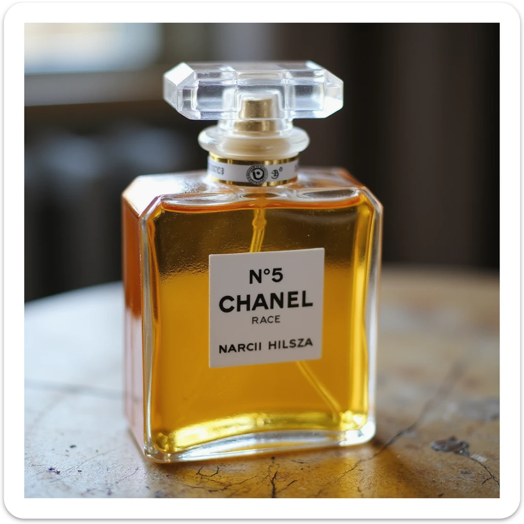 photorealistic Chanel No. 5 bottle cake, gold and clear sugar details, no background sticker