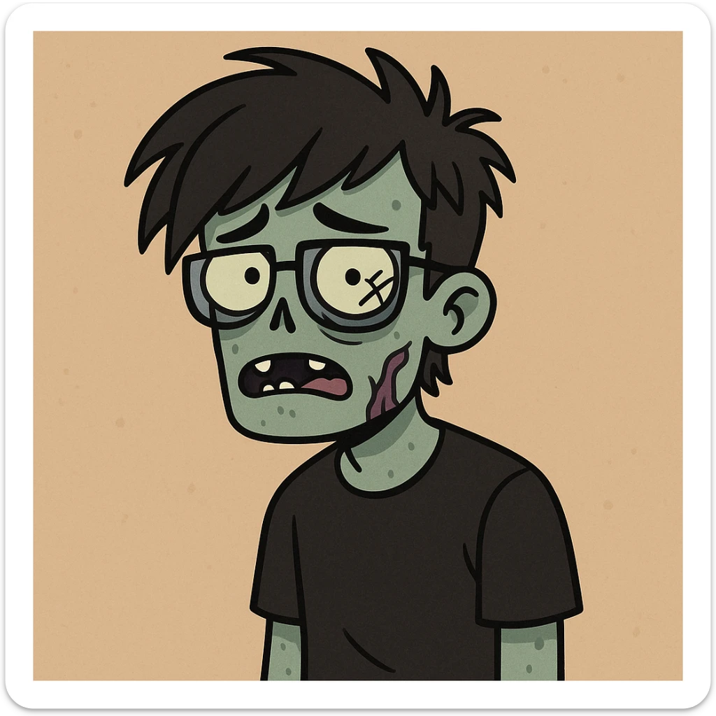 zombie boy with emo hair, screwed glasses, and black shirt, cartoon style sticker