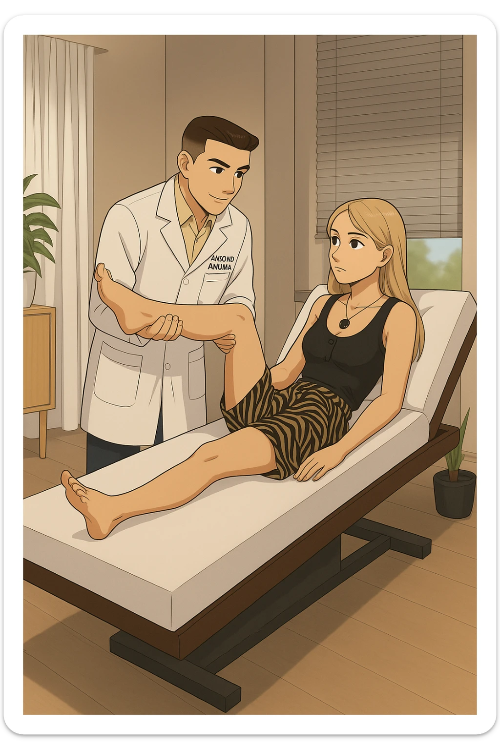 fai un webtoon/manga a colori con questo kinesiologo in camice bianco (fagli la scritta "ANTONIO ANANIA" SUL CAMICE) CHE SVOLGE UN TEST NEUROMUSCOLARE SOLLEVANDO UNA GAMBA ALLA RAGAZZA CHE è STESA SU UN LETTINO BIANCO. STANZA SEMPLICE E MODERNA, DURANTE IL TEST I DUE DIALOGANO TRA LORO. NON FARE I FUMETTI, FAI SOLO LORO COME SE DIALOGASSERO sticker