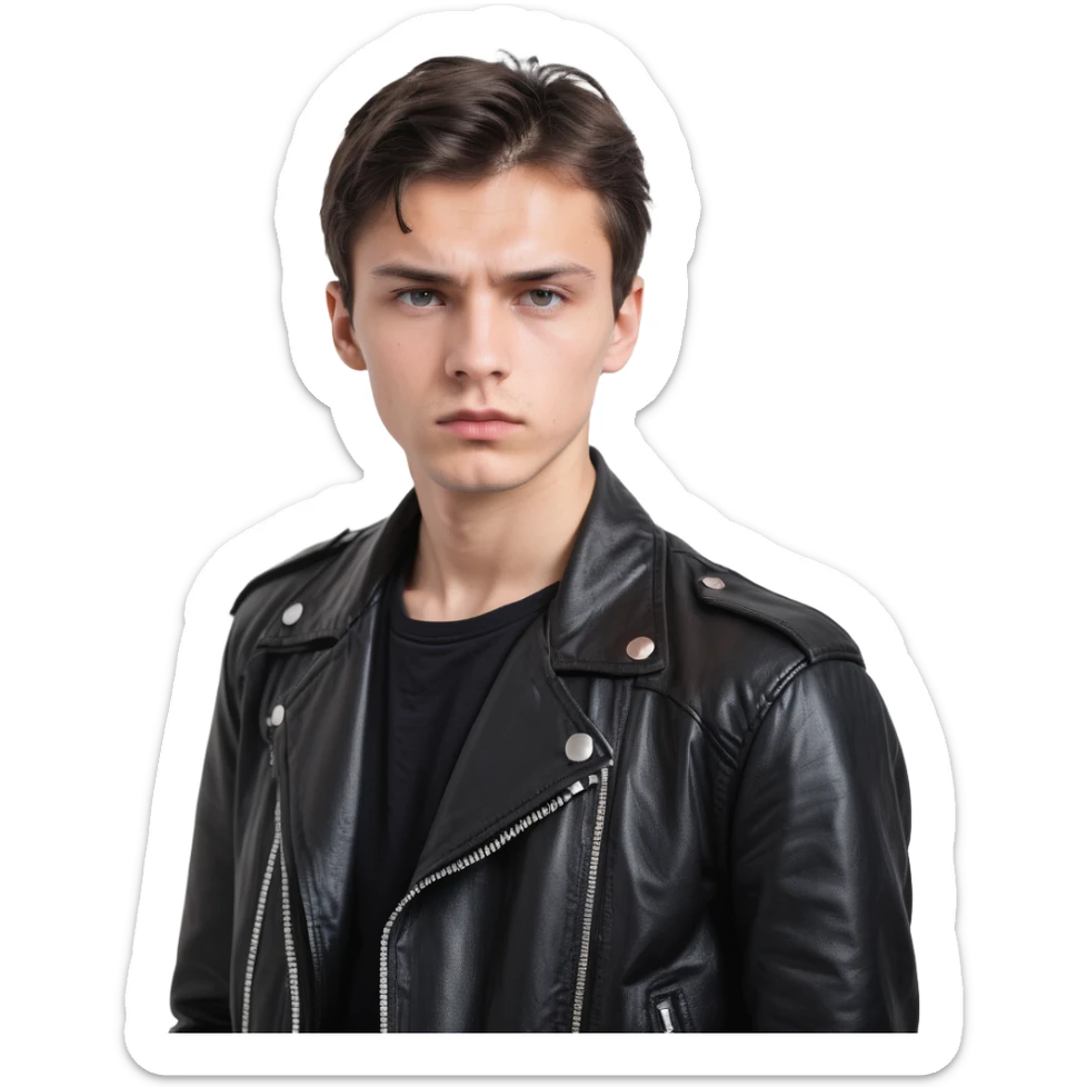 Danila Bagrov from Brother 2 movie, young Russian man with short dark hair, serious expression, wearing black leather jacket sticker