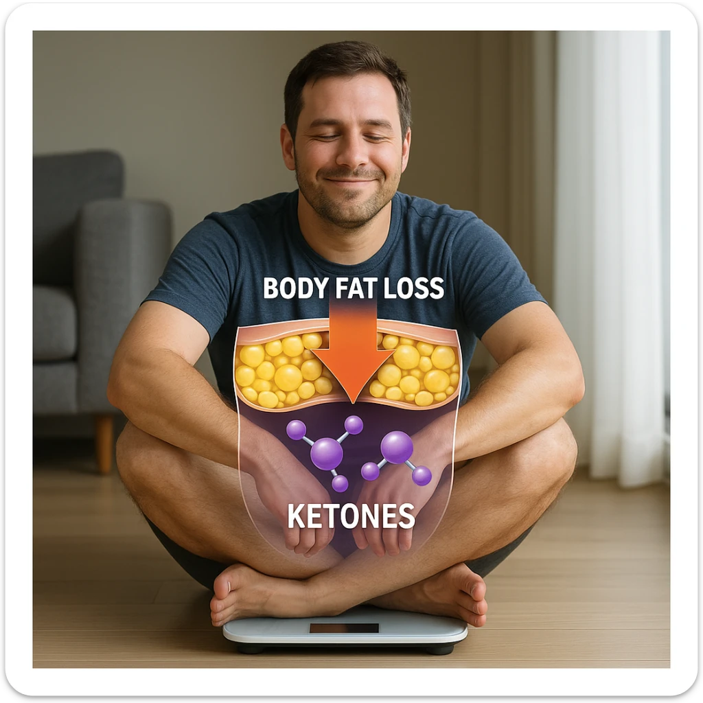man in 4K sitting on a scale with transparent illustration showing body fat loss and ketone production, satisfied expression sticker
