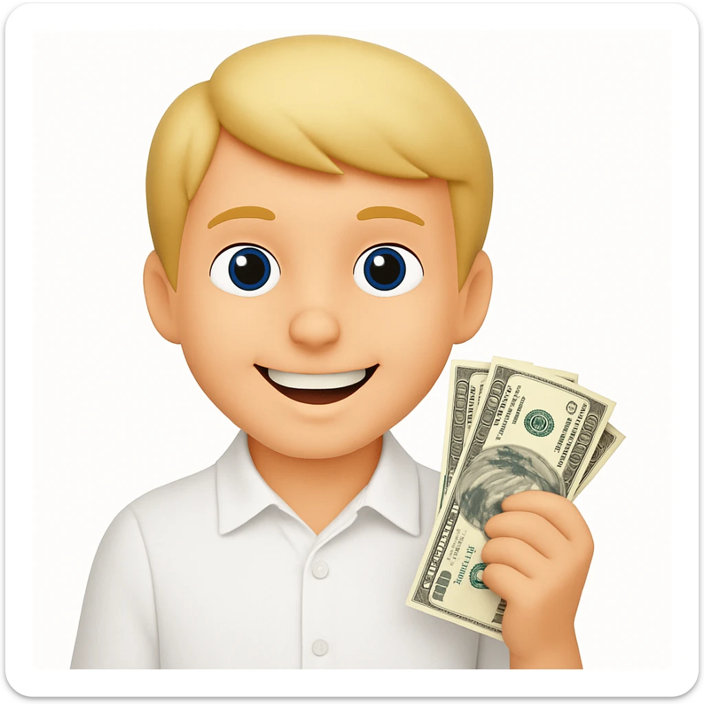 Emoji style, blonde man, blue eyes, white shirt, holding money, smiling, no facial hair sticker