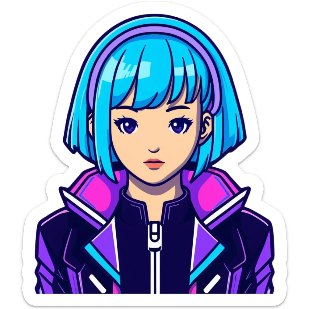 Cyberpunk Japanese girl with neon blue wig, futuristic holographic jacket, digital glitches effect, dark background with purple neon glow, iOS app icon style sticker