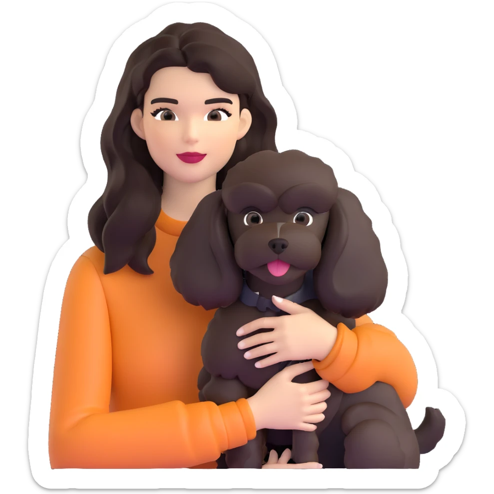 Kendall Jenner with long dark hair holding a brown poodle and a black schnauzer sticker