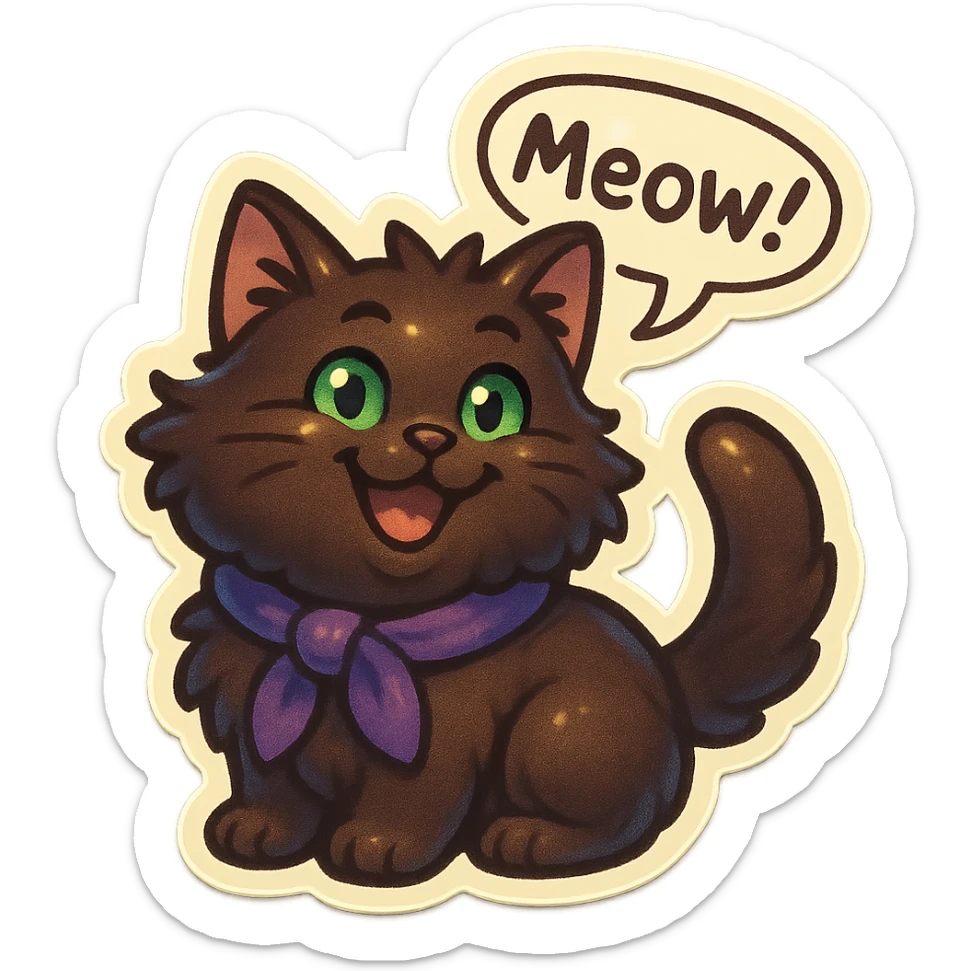 Fluffy cute silly smiling happy dark-brown cat with green eyes and a purple scarf saying ‘mEoW~!’ (With a speech bubble) sticker