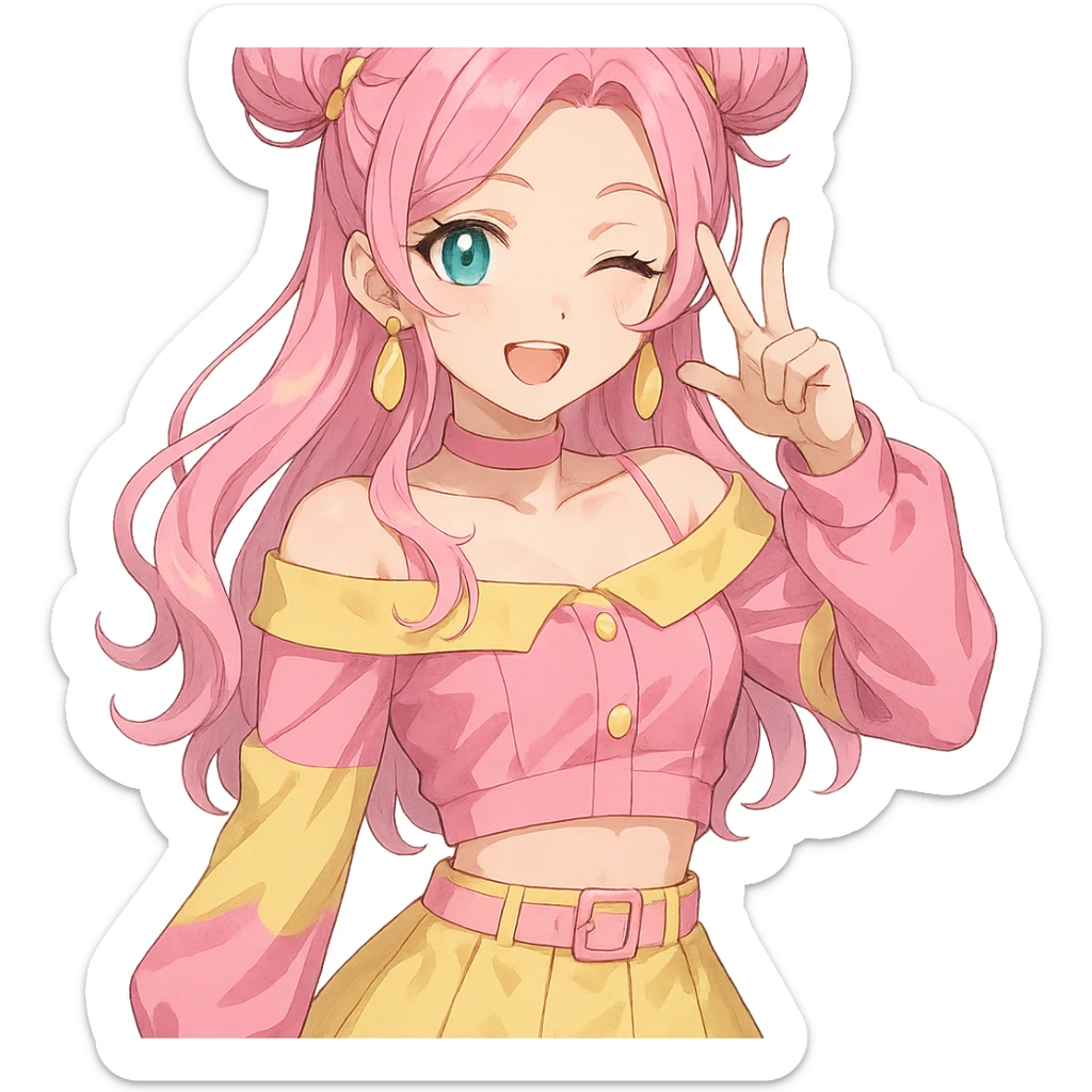 Fluttershy as a human K-pop idol in anime style, twin buns hairstyle, fashionable pink and yellow outfit, playful expression, transparent background sticker
