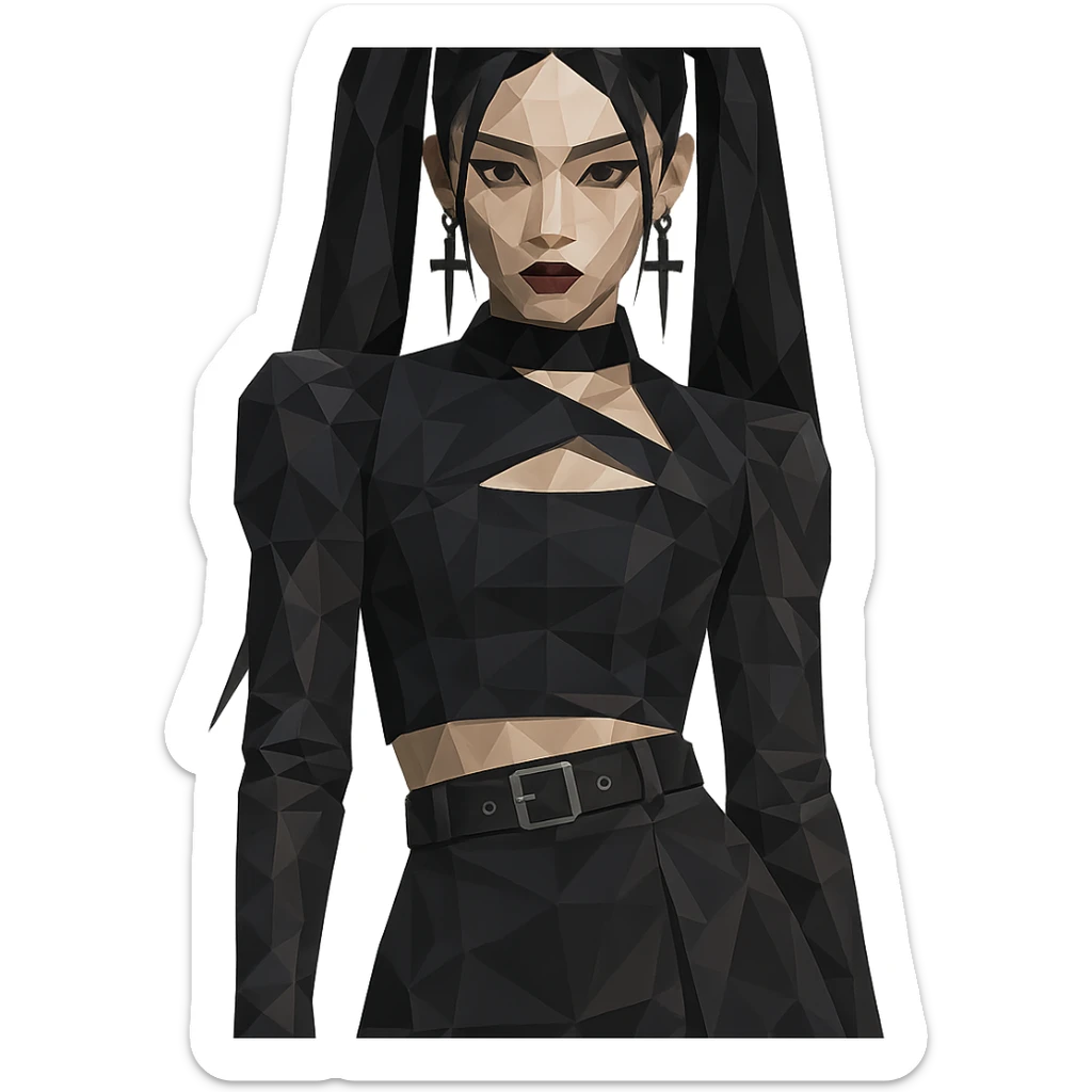 K-pop inspired gothic girl, polygonal style, geometric shapes, dark color palette, stylish stage outfit sticker