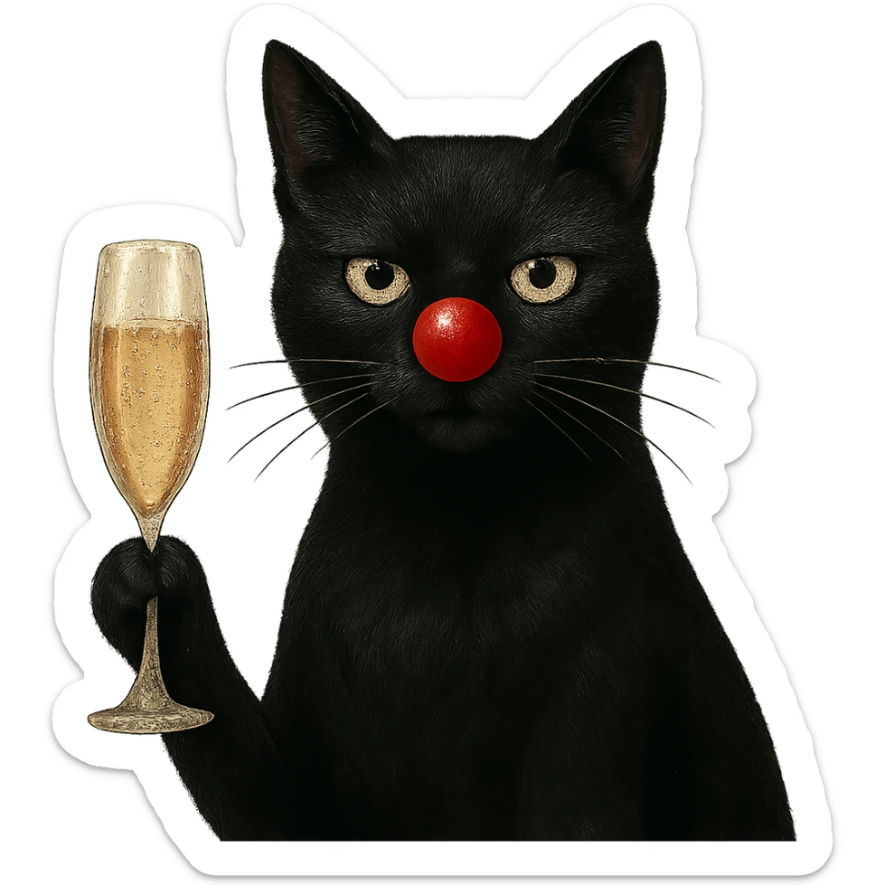 black cat with a red clown nose holding a glass of champagne, elegant and whimsical sticker