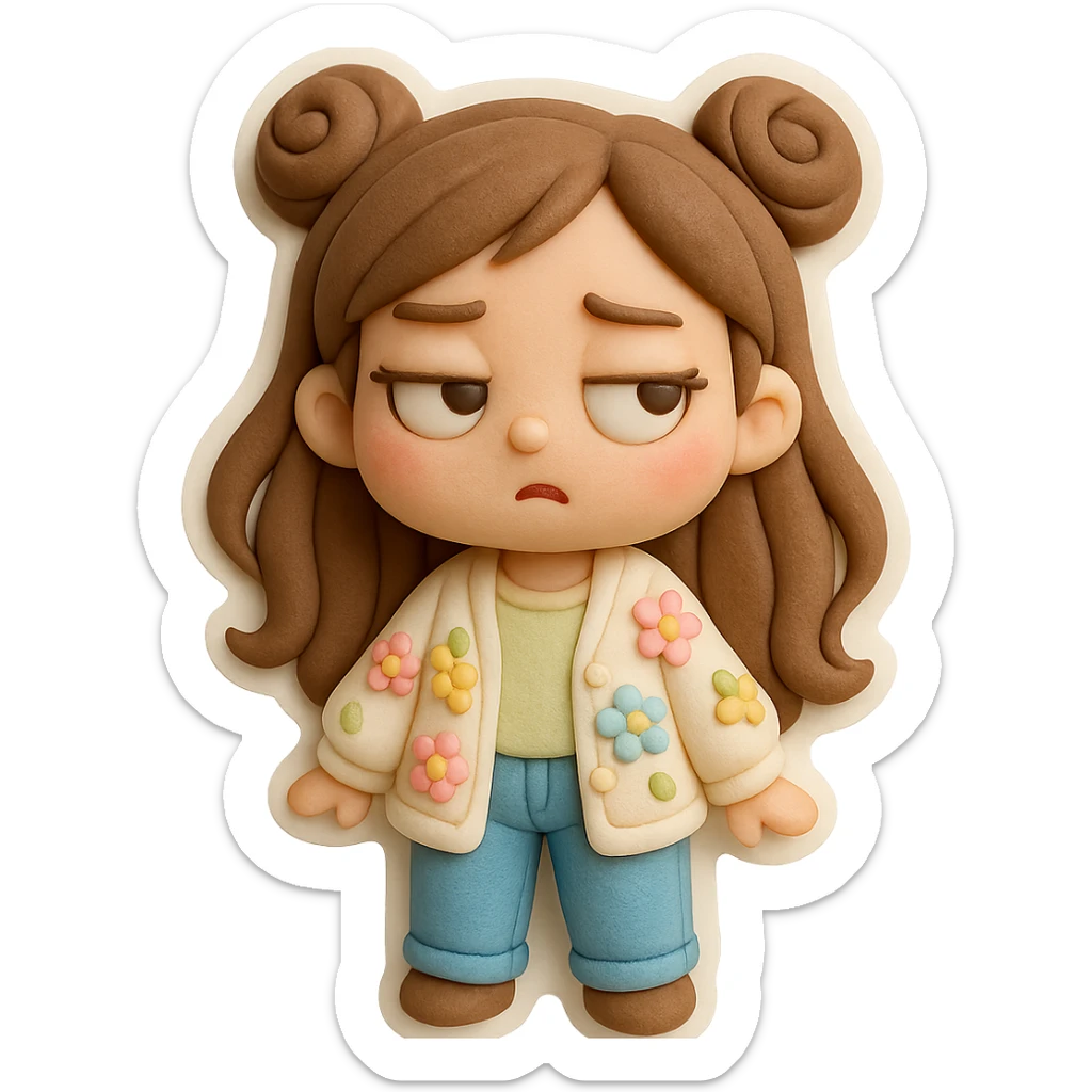 3D chibi girl in fondant cake art style, high-quality rendering with smooth shadows and soft gradients, long brown hair in two space buns, brown eyes, jeans, pastel floral cardigan, thick white outline like a sticker, transparent background, rolling her eyes like oh please, preserve facial features from reference image sticker