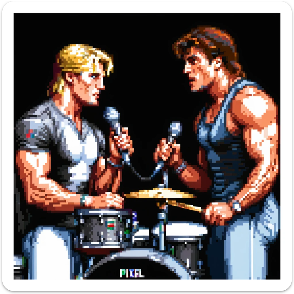 a SNES box art image of dolph lundgren on the mic and sylvester stallone on the drums cutscene graphic - 3/4 side perspective sticker