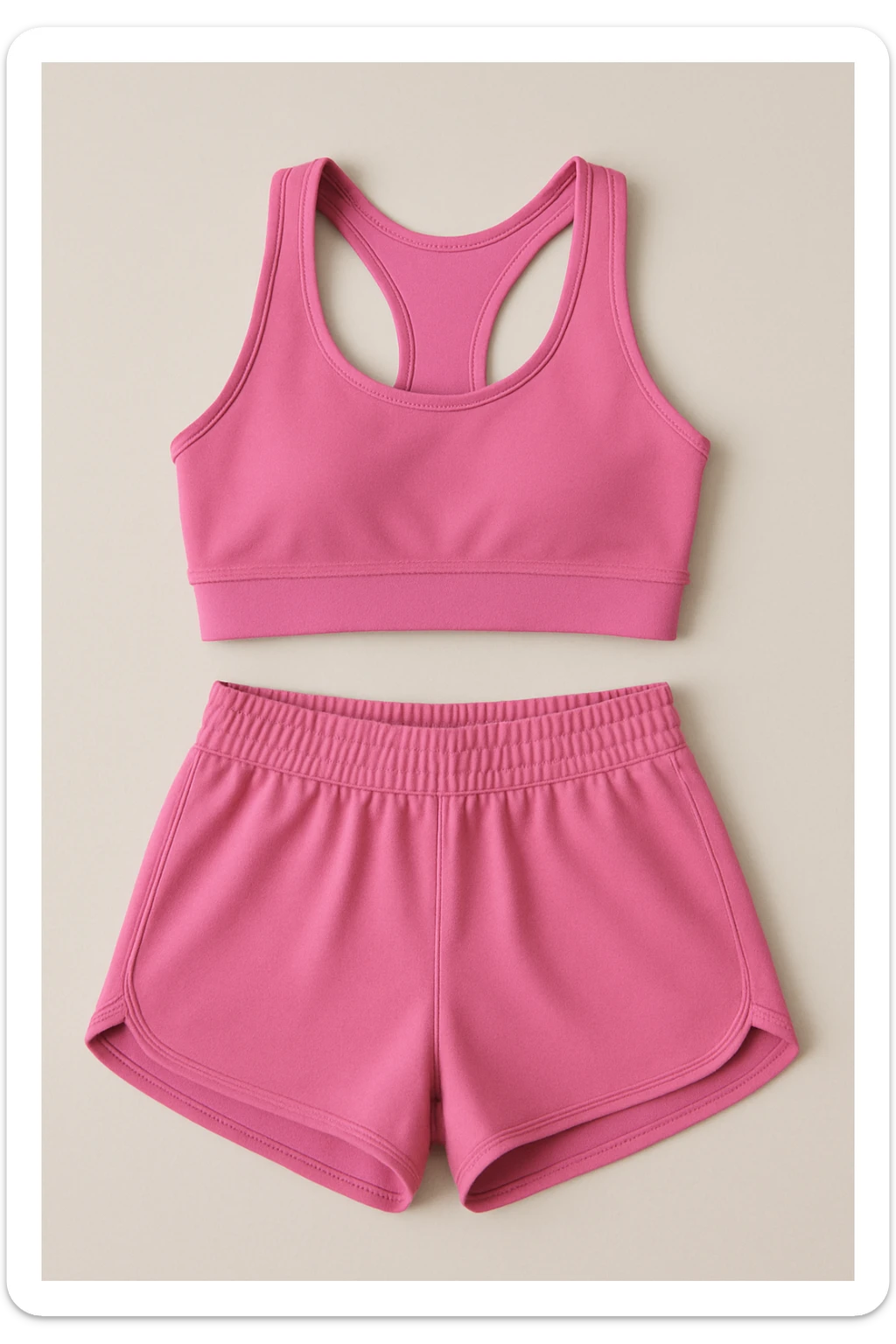 active wear set featuring a pink sports bra and matching pink shorts, modern and sporty, on a neutral background sticker