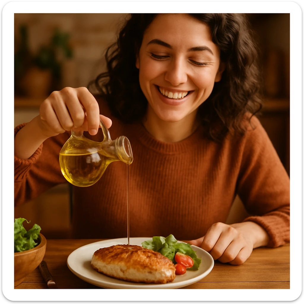 donna che usa olio d'oliva contenta nel suo piatto con petto di pollo sticker