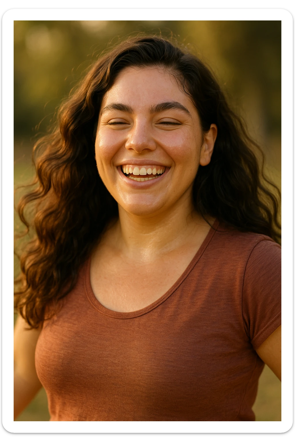 realistic portrait of a woman with PCOS who has improved health, happy and relaxed appearance, glowing skin, thick hair, energetic posture, signs of wellness and reduction of premenstrual cycle symptoms, realistic details, warm lighting, vertical 2:3, no text sticker