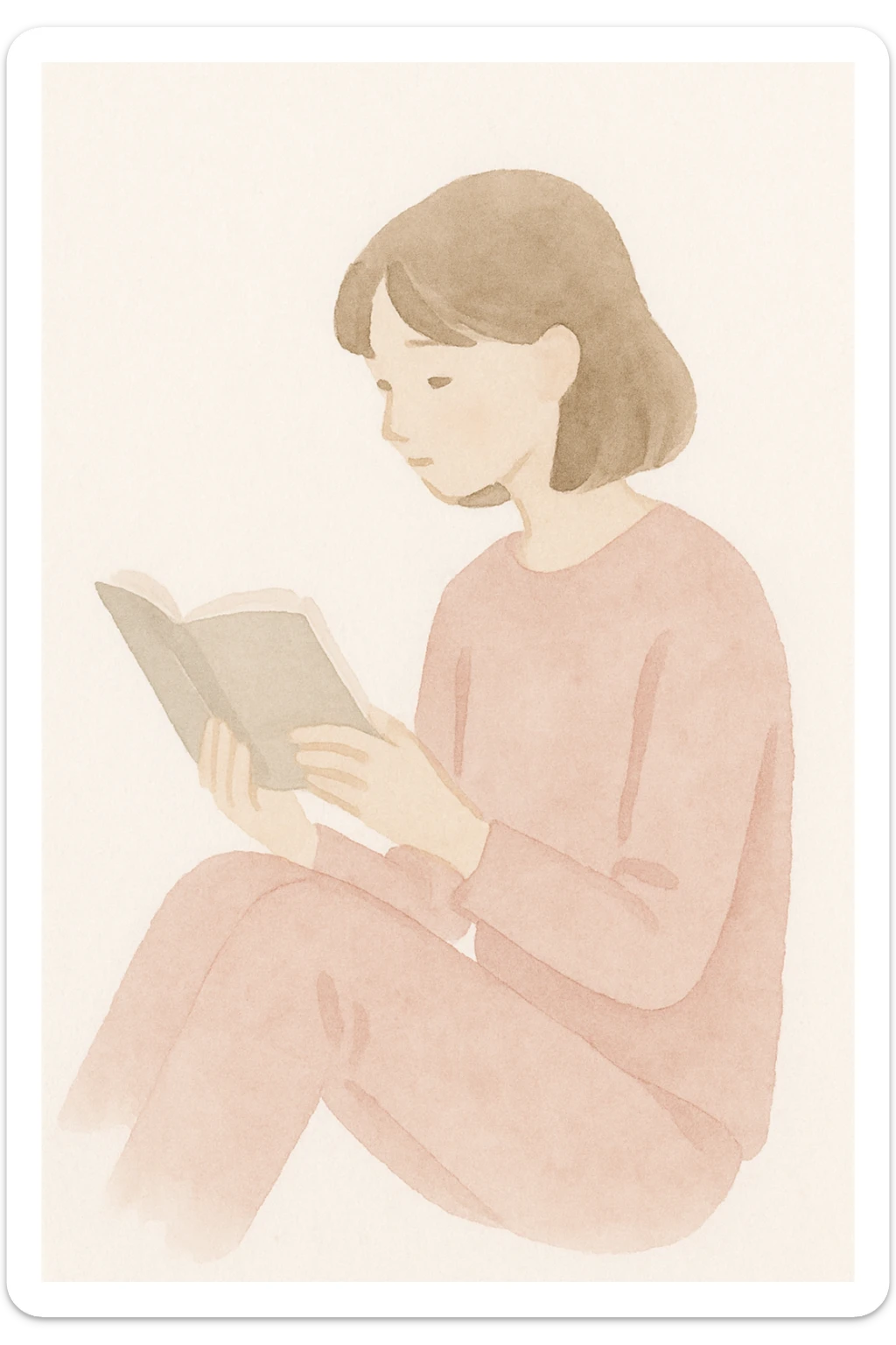 a girl in pink clothes reading a book, soft watercolor style, gentle brush strokes, pastel colors sticker