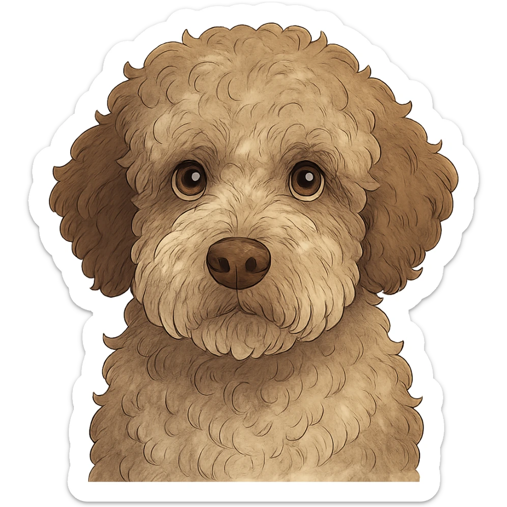 close-up portrait of Lagotto Romagnolo dog, fluffy roan fur, expressive eyes, ghibli style sticker