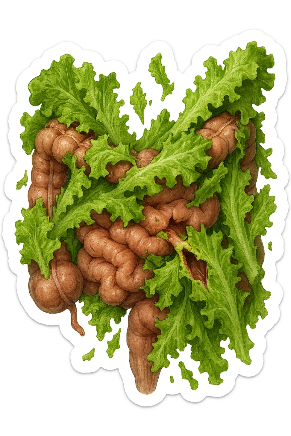 foglie di insalata che attaccano un intestino anatomico umano per distruggerlo sticker