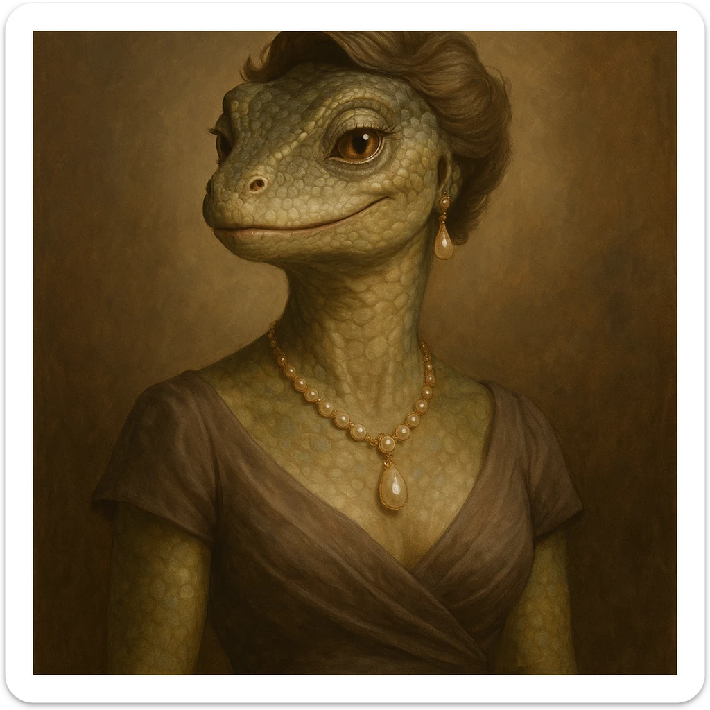 stylish anthropomorphic lizard mother, mature and attractive, wearing jewelry and fashionable dress, gentle smile, expressive eyes, soft lighting sticker
