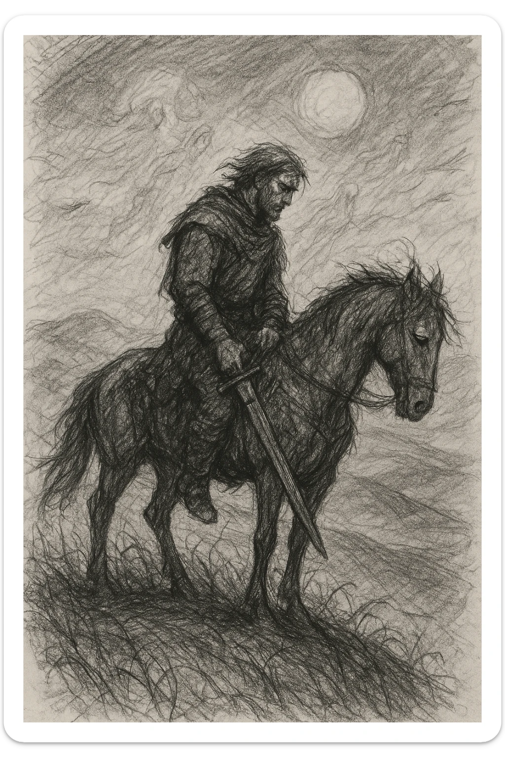 black and white pencil sketch of a warrior's final ride, lone rider on restless horse atop windswept hill under heavy sunless sky, contemplative rider with sword at side preparing for last battle, somber landscape with gusting wind, distant hills, ancestral spirits in the air, subtle grass and vines, passage of time, evoking themes of legacy, peace, and returning to the earth, no text sticker