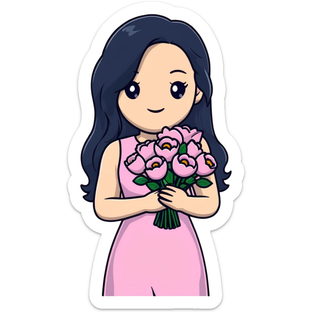 beautiful young woman with long black hair, fair skin, wearing pink dress and holding a bouquet of flowers sticker