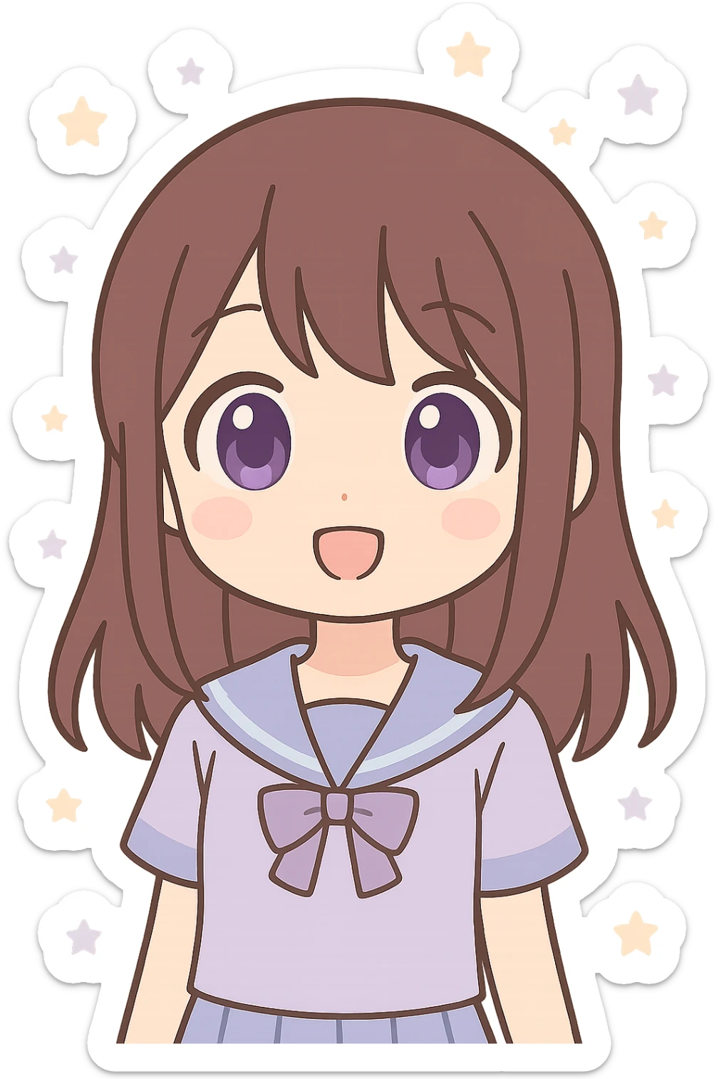 brunette anime girl with purple eyes, kawaii style, big eyes, soft shading, no background sticker