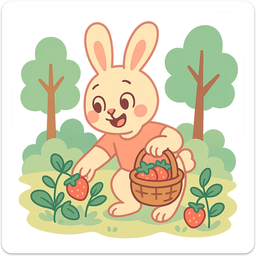 bunny picking strawberries in the woods, sweet pastel red, pastel toon style sticker