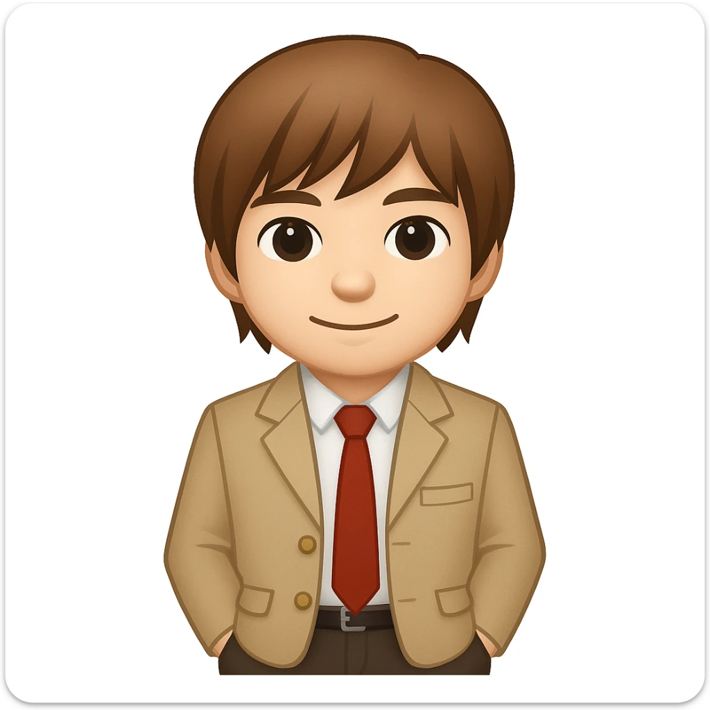 Create an image of Light Yagami from Death Note in the style of apple emojis. He has brown hair and is wearing a school uniform. He is standing with hands in pockets and has a relaxed expression. sticker