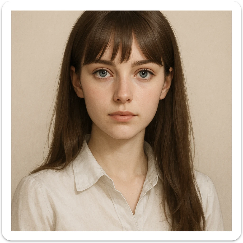 female character, fair skin, brown hair long and straight with bangs, blue-grey eyes, white blouse, minimal background sticker
