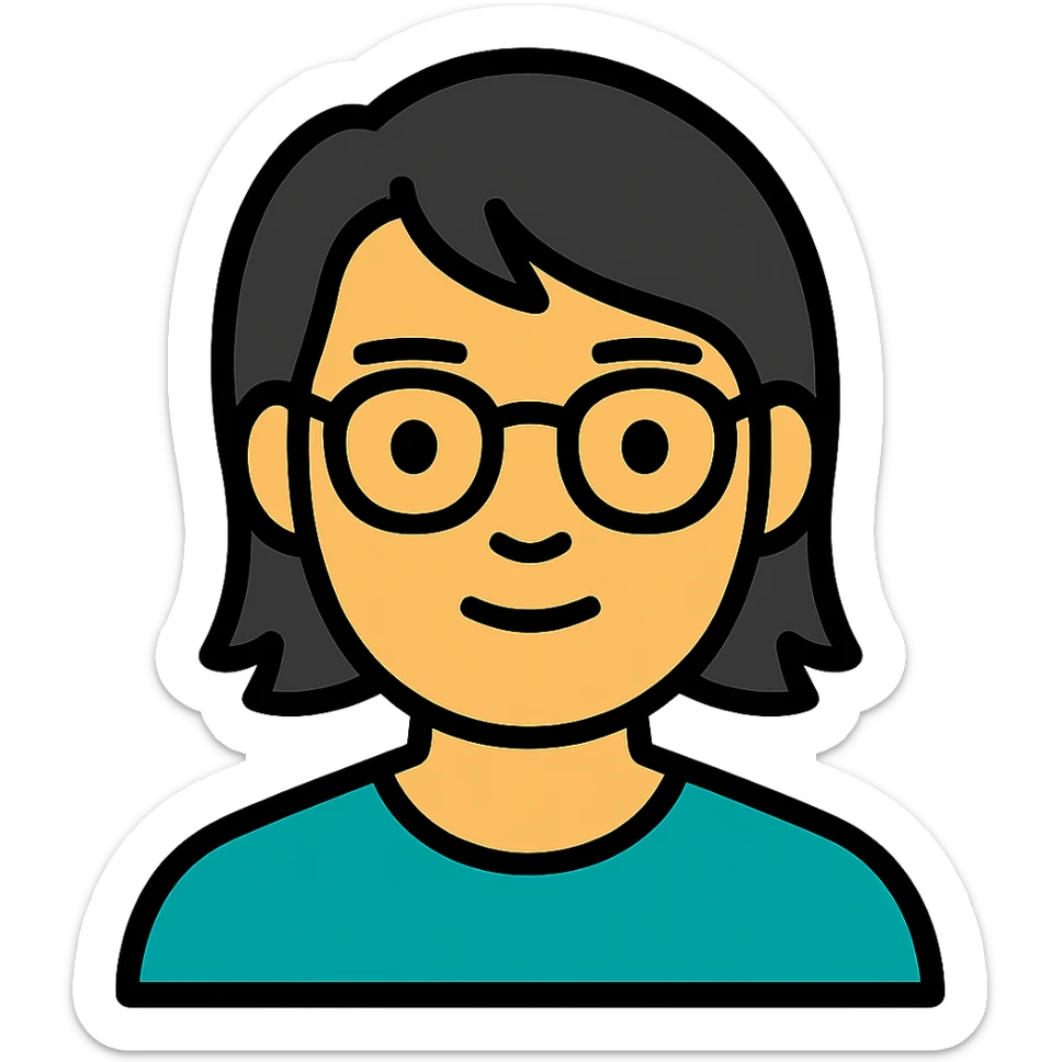 Make the male Asian character have longer hair, keep glasses, and maintain the current style with a transparent background. sticker