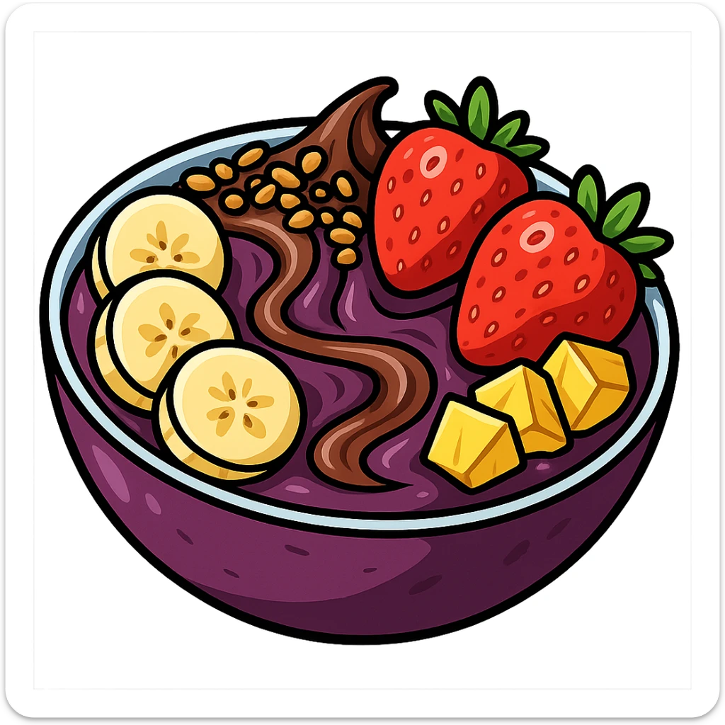 acai bowl with banana, strawberries, Nutella, pineapple, and granola, cartoon style, bright colors, detailed toppings sticker