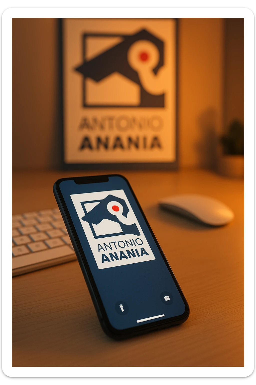 A photo of an iPhone on the desk with the logo of "Antonio Anania" on its screen, The phone sits atop a desk with a blurred with the logo in the background that suggests work environment. A faint glow from above casts gentle shadows across the surface of each object, creating depth and highlighting their textures sticker
