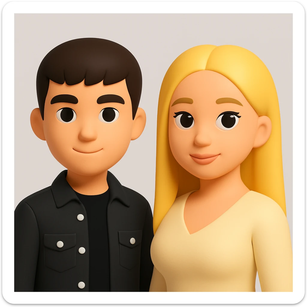 In the style of 3D Emoji, slightly increase the volume of the upper body of the girl, separate the girl and the boy from each other, and make the skin color the same for both characters. The style should reflect the Microsoft style 3D fluent emojis with concise and clear features. sticker