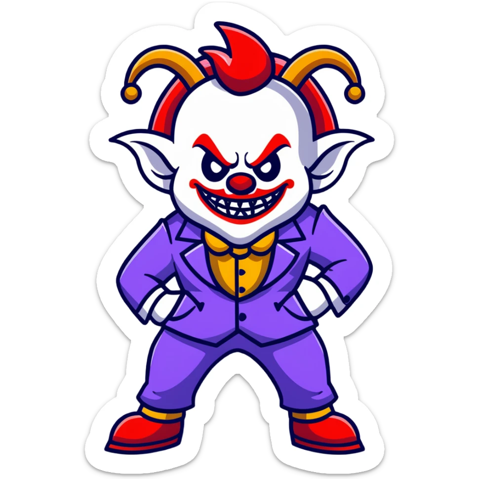 evil clown in a leisure suit with billy goat horns, fangs, pointed ears, standing in a fighting posture, battle-ready soldier sticker