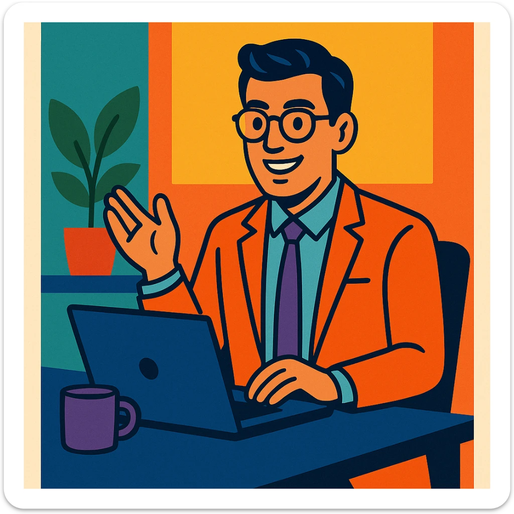 A 35-year-old male business coach sitting at a desk with a laptop sticker