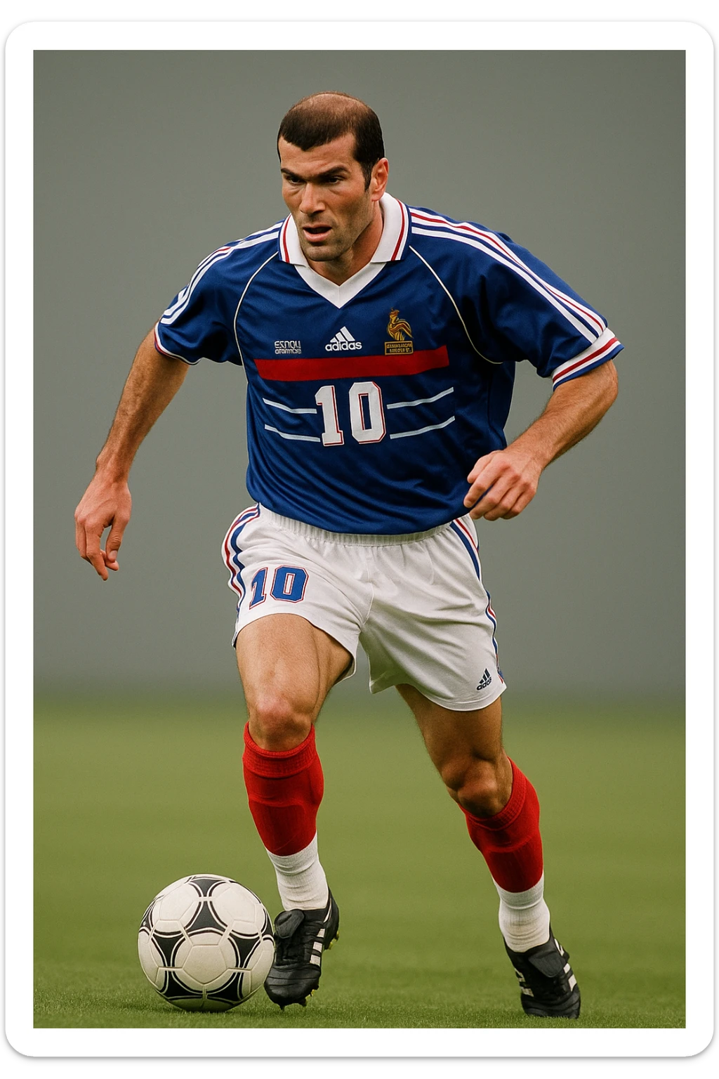 Zinedine Zidane in his prime, 1998 World Cup, blue France jersey with number 10, athletic build, focused expression, dynamic football action, simple background sticker