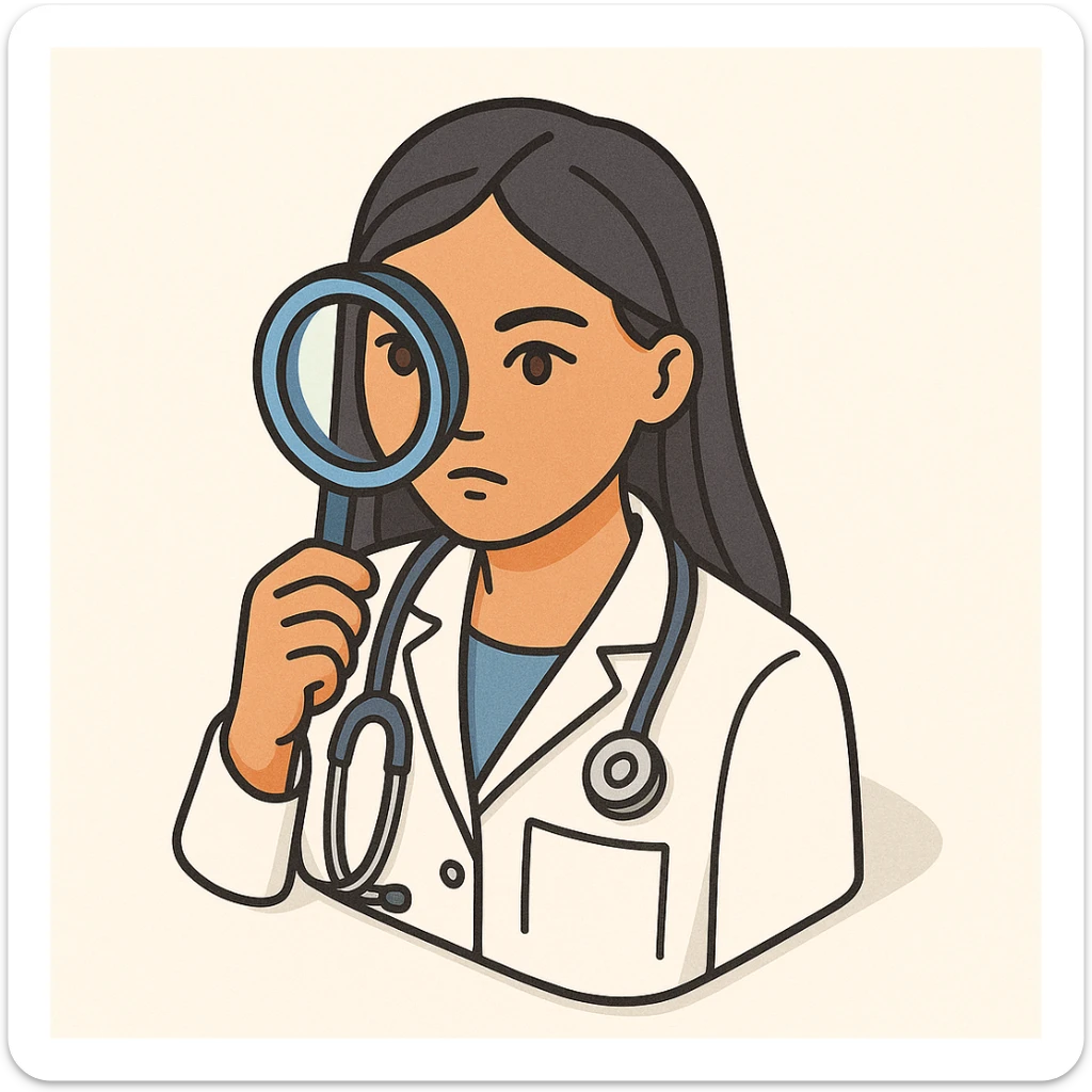 front view of a female doctor with dark long straight hair, detailed brown eyes (not dots), wearing a white coat, looking straight at the camera through a magnifying glass, thoughtful facial expression, minimalist background, 2D isometric style sticker