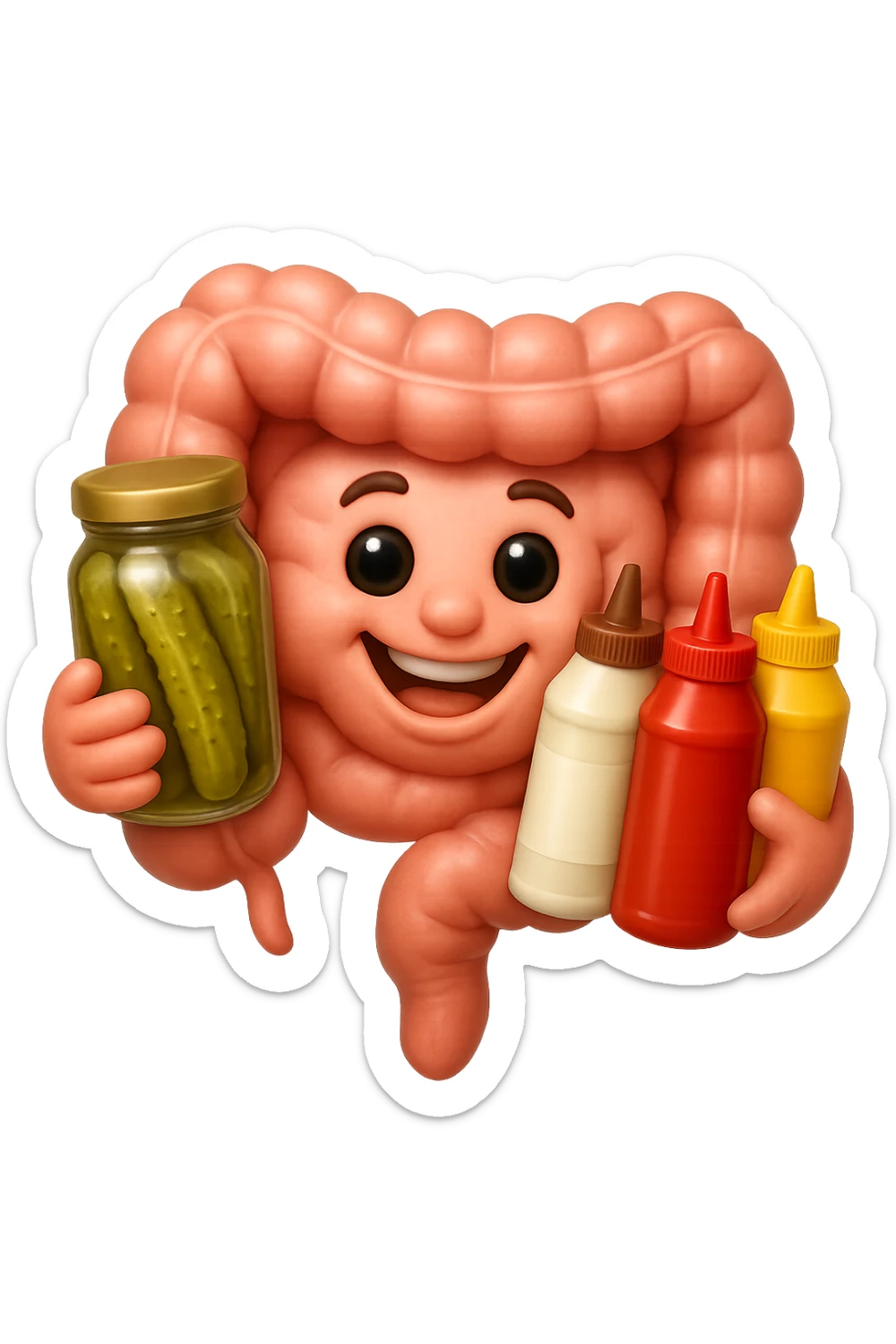 emoji stile iphone di intestino umano con espressione felice mentre tiene in mano cetriolini sottaceto, maionese, salsa barbecue, salsa, senape realistica
IPERREALISTICO 4K sticker
