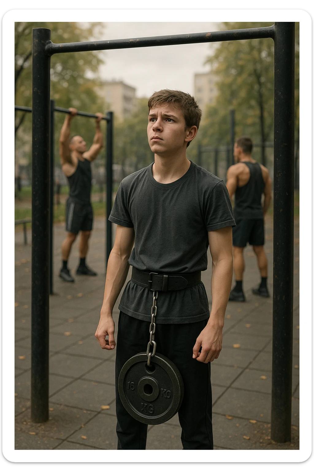 Giovane atleta neofita, fisico normale e non ancora sviluppato, si allena per la prima volta in uno spazio urbano per streetlifting: sbarra per trazioni, parallele, e pesi appesi alla cintura. L’ambiente è un parco cittadino o un’area outdoor sportiva, con luce naturale. L’atleta guarda la sbarra con determinazione e un po’ di insicurezza, ma con forte motivazione. Intorno, altri atleti più esperti. Stile realistico, atmosfera motivazionale, toni energici ma credibili, senso di inizio di un percorso sticker
