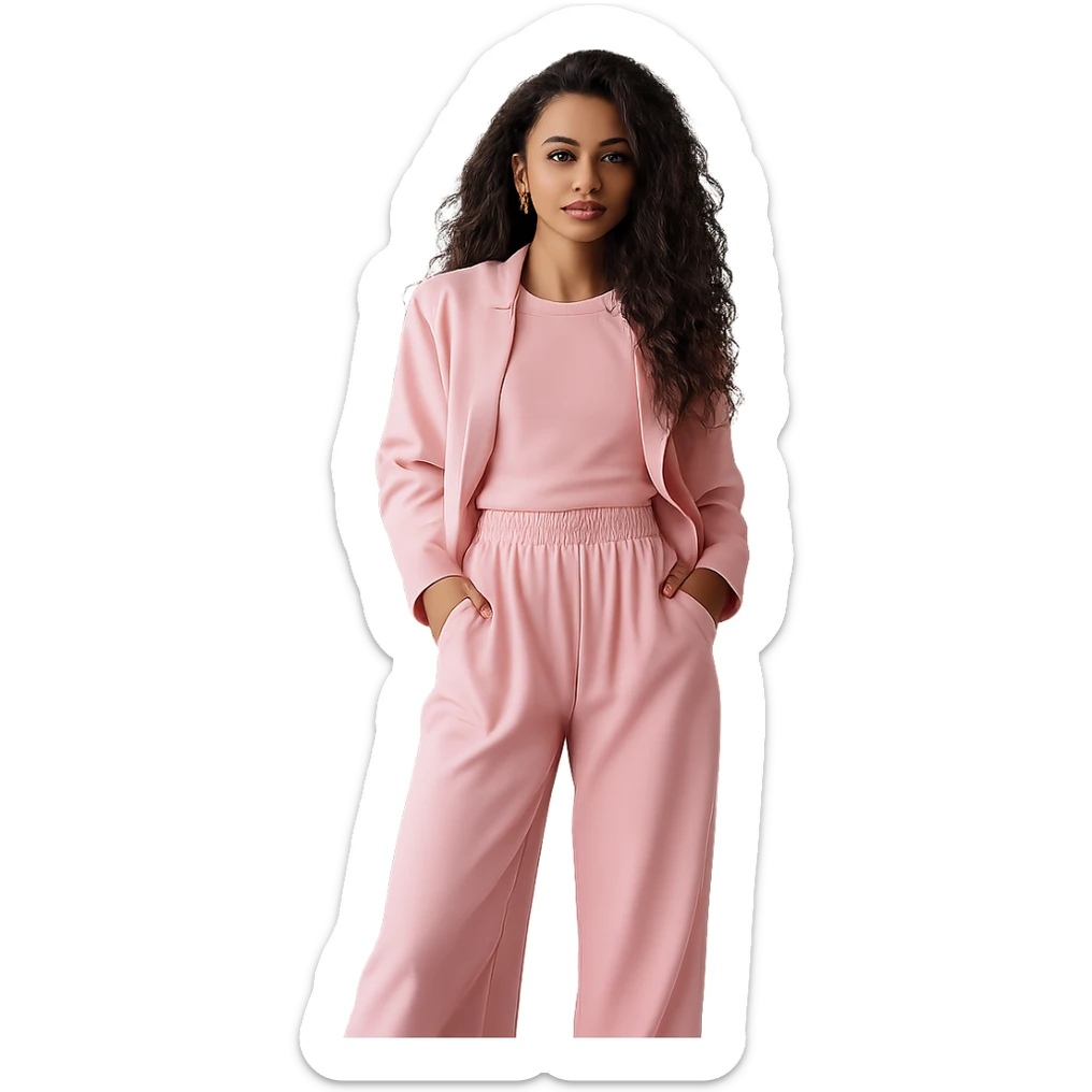 Remove the background, keep only the fashionable woman in pink outfit, realistic style, preserve transparency. sticker
