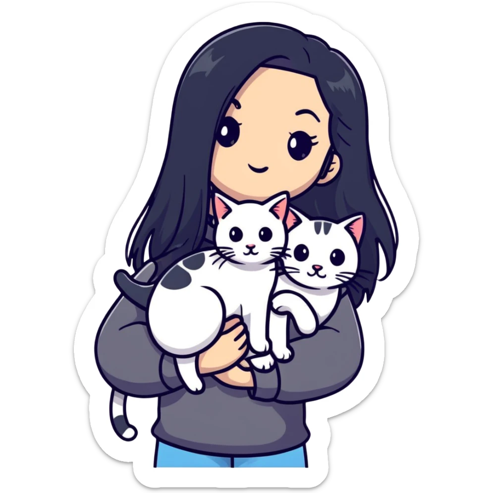Beautiful girl with long black hair holding a hairless cat sticker