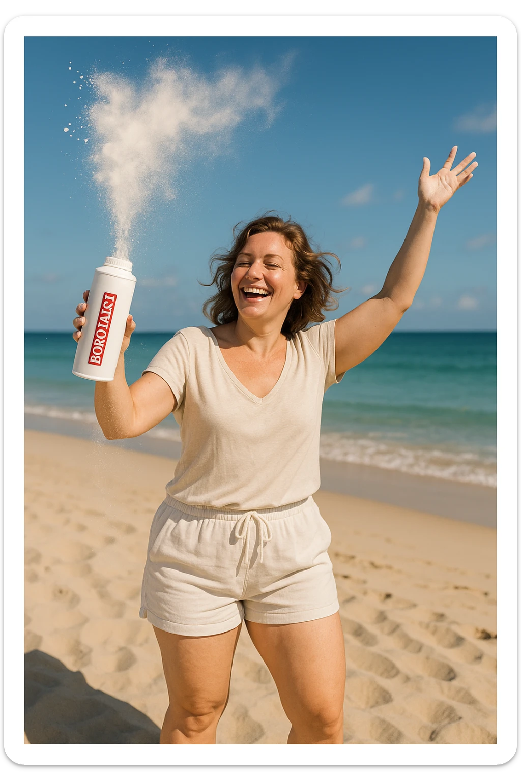 Donna in spiaggia che butta il borotalco italiano, la donna è intorno ai 66kg sticker