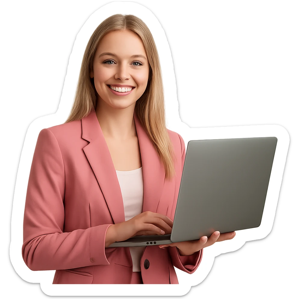 smiling young blonde woman in a pink blazer, holding a laptop sticker