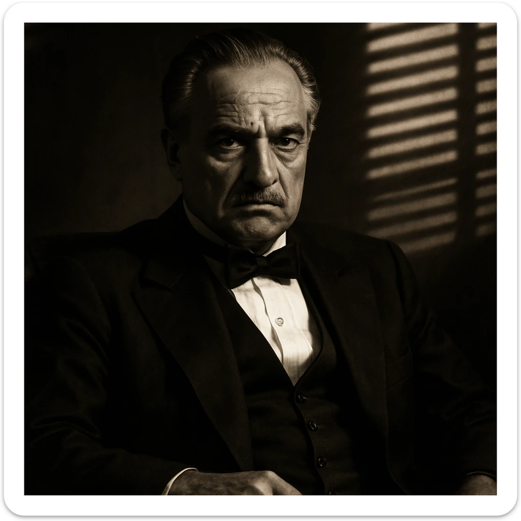 A stern older Italian mafia boss in a black tuxedo, white shirt, and black bow tie, with slicked-back grey hair and a mustache, sitting in a dimly lit room. Dramatic shadows and blinds casting light stripes on the wall, 1940s mafia style, cinematic close-up. sticker