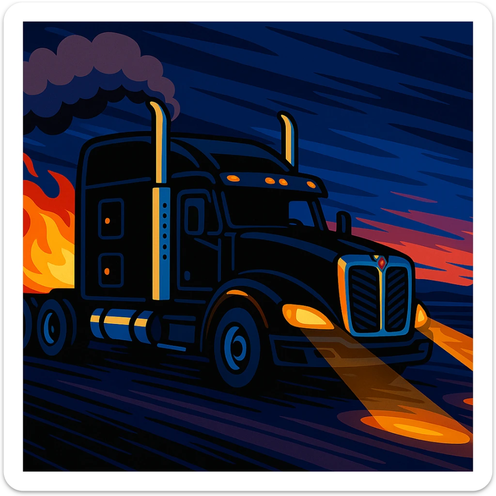 Add a lively cartoon fireball behind the black Kenworth T680 Flat Top semi sleeper driving at night, keeping the animated cartoon style and smoke from the stacks. sticker