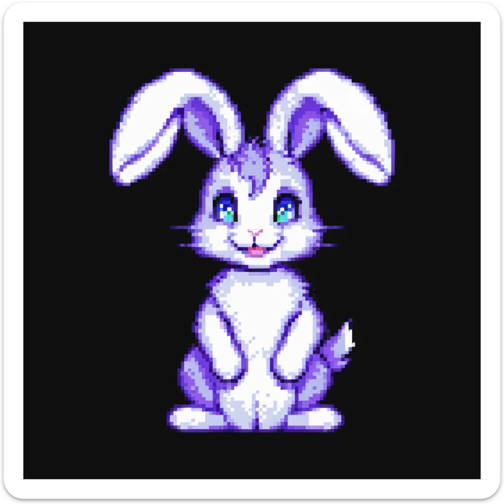 furry anthro male bunny with purple hair, blue eyes, purple and white fur, pixel art style, smiling sticker