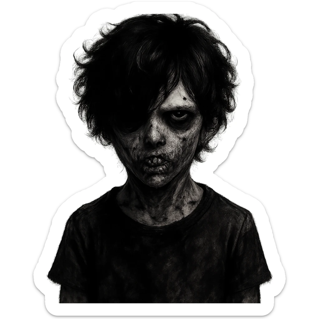 creepy zombie boy, black shaggy curly hair, emo style, dark and spooky expression sticker