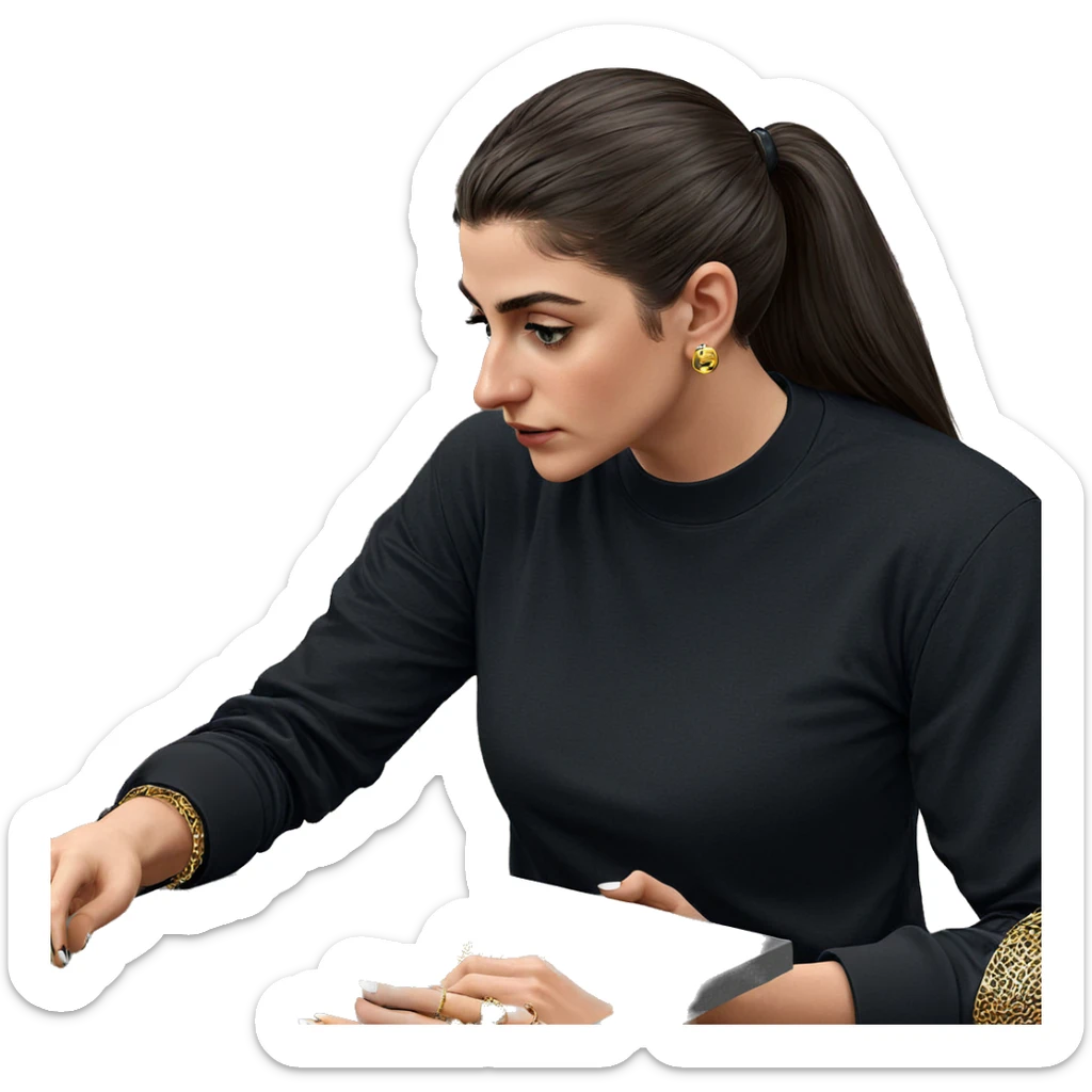 girl in black shirt holding jewelry sticker