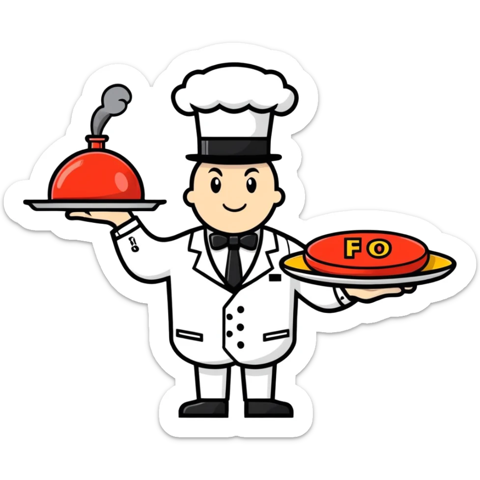 A butler holding a platter with an old-fashion bomb on it with the letters FO on the bomb sticker