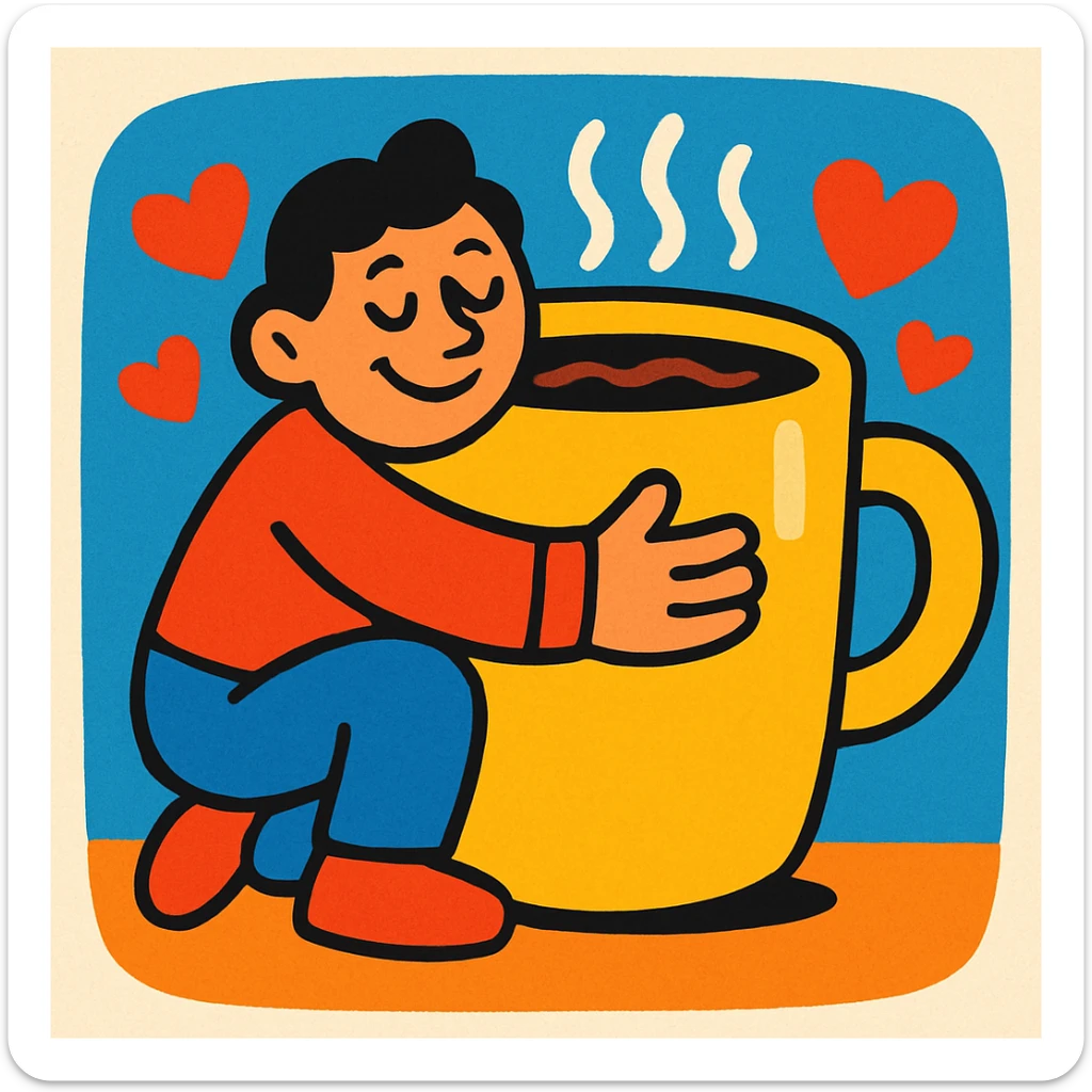 a person hugging a giant coffee mug, heart symbols, playful cartoon style sticker