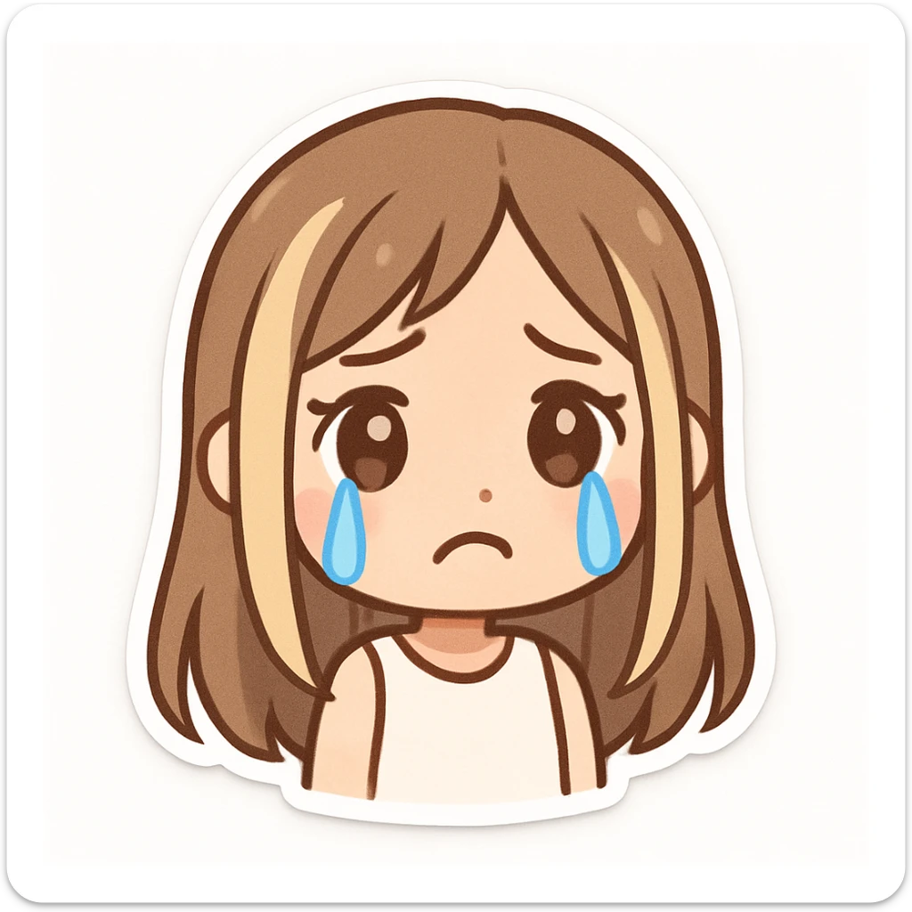 cartoon girl with long straight light brown hair and blonde face-framing highlights, fair skin, big brown eyes with a sad worried look, blue cartoon tears streaming down, frowning mouth, white sleeveless shirt, plain white background sticker